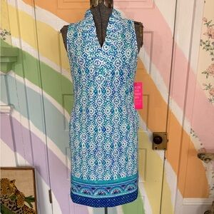 NWT Aryeh UPF 50+ Geometric Floral Ruffle Neck Vacation Resort Dress Sz XS 🧡🍄